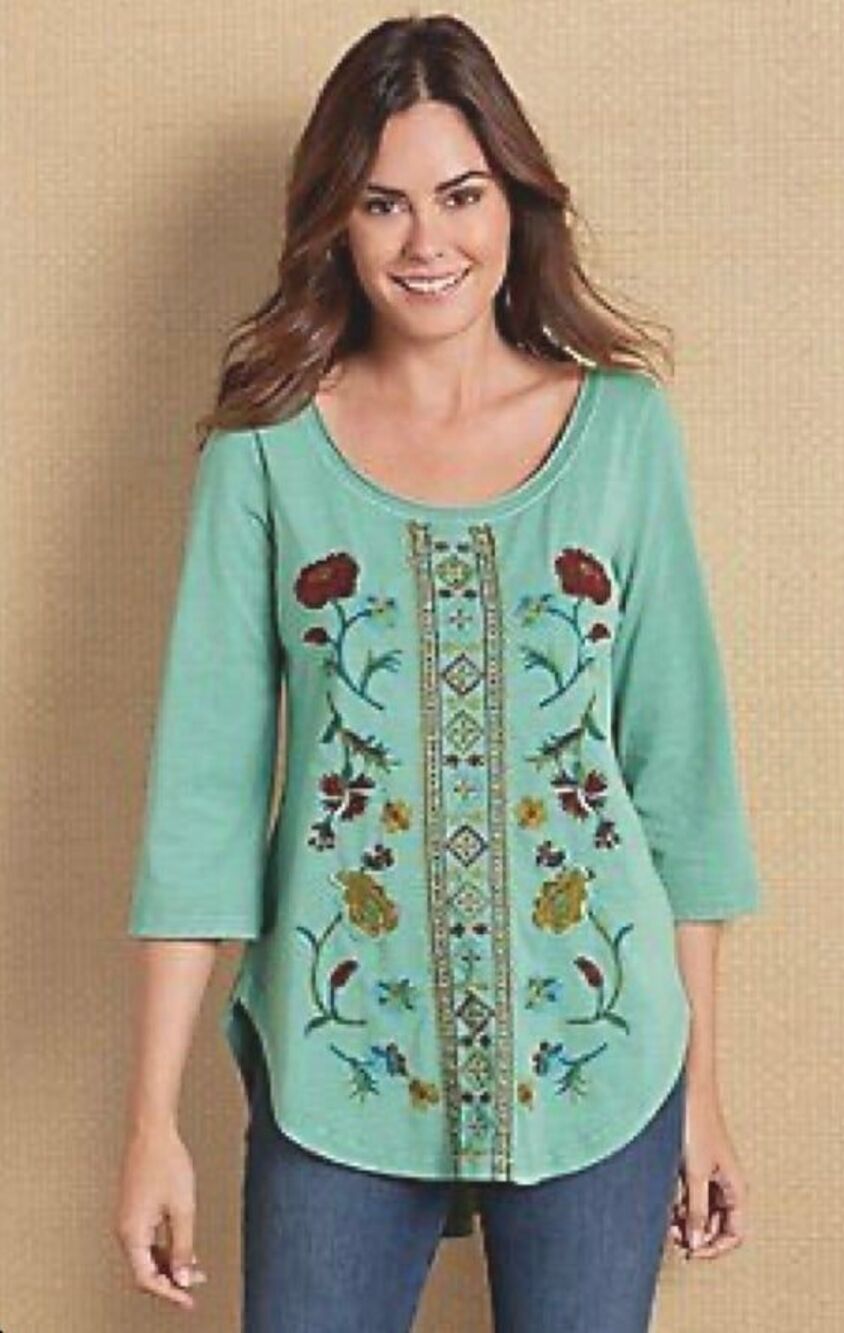 Soft Surroundings Women's Cayla Embroidered Floral High Low Hem Stonewash Top S